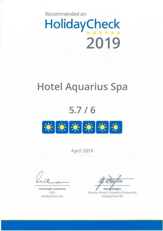 certyfikat jakości dla Hotelu AQAURIUS SPA